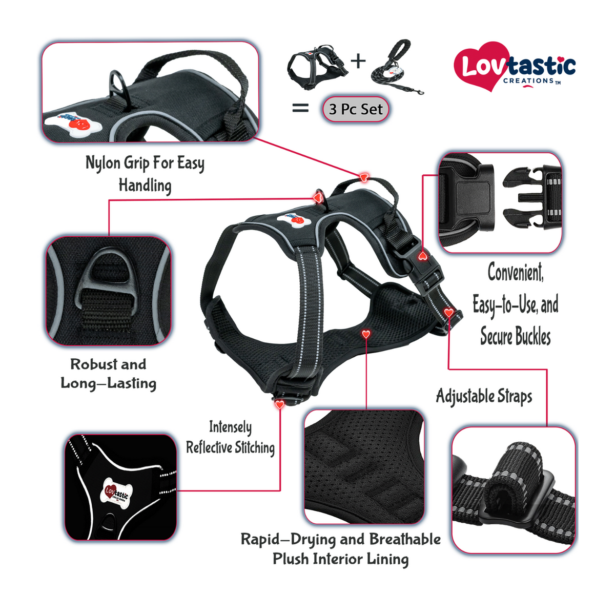 Lovtastic Creations® No-Pull Dog Harness - with Strong & Durable Dog Leash & Free Poopbag Holder 3pcs Set | Reflective No-Choke Pet Harness