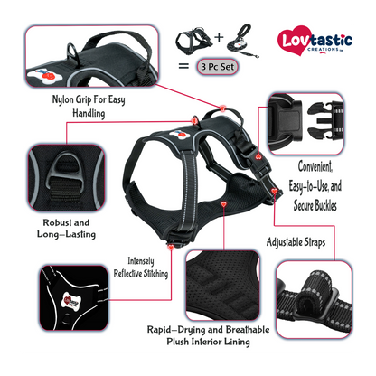 Lovtastic Creations® No-Pull Dog Harness - with Strong & Durable Dog Leash & Free Poopbag Holder 3pcs Set | Reflective No-Choke Pet Harness