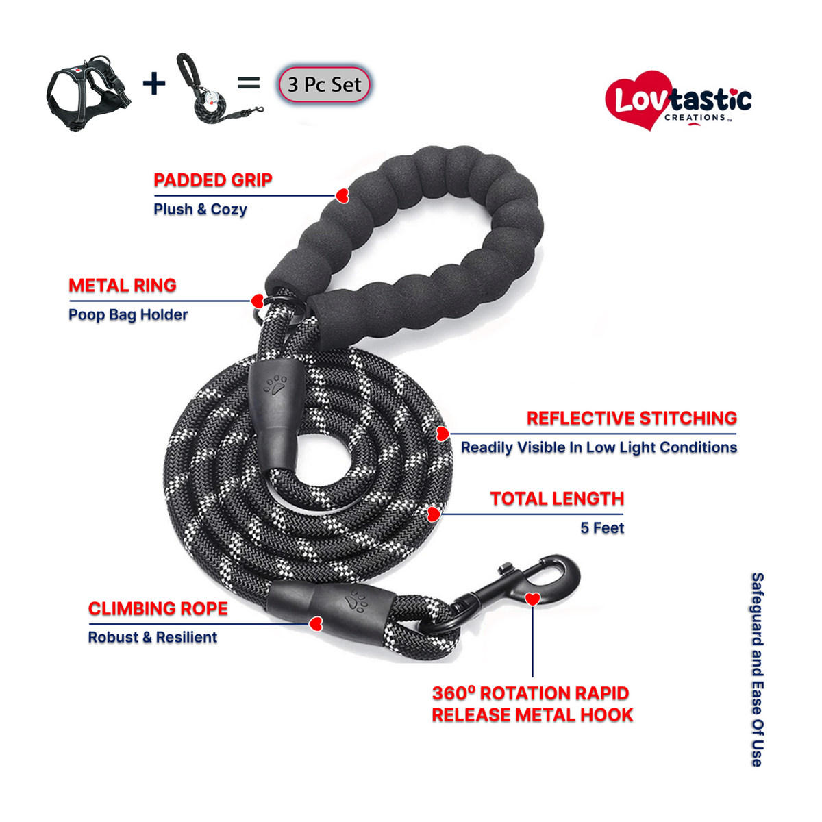 Lovtastic Creations® No-Pull Dog Harness - with Strong & Durable Dog Leash & Free Poopbag Holder 3pcs Set | Reflective No-Choke Pet Harness