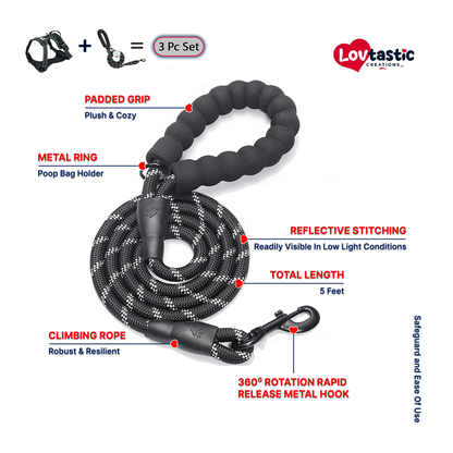 Lovtastic Creations® No-Pull Dog Harness - with Strong & Durable Dog Leash & Free Poopbag Holder 3pcs Set | Reflective No-Choke Pet Harness