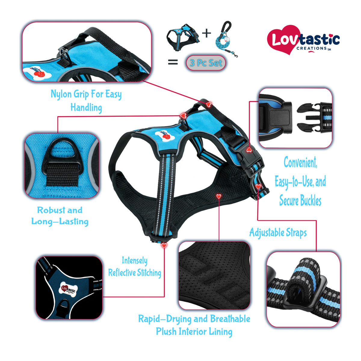 Lovtastic Creations® No-Pull Dog Harness - with Strong & Durable Dog Leash & Free Poopbag Holder 3pcs Set | Reflective No-Choke Pet Harness
