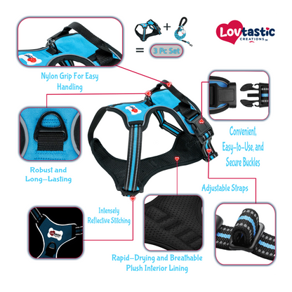Lovtastic Creations® No-Pull Dog Harness - with Strong & Durable Dog Leash & Free Poopbag Holder 3pcs Set | Reflective No-Choke Pet Harness