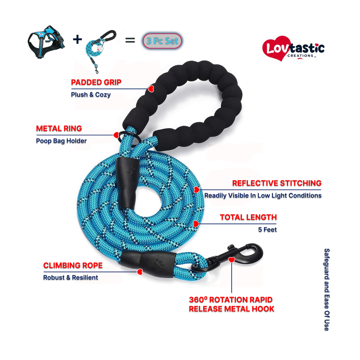 Lovtastic Creations® No-Pull Dog Harness - with Strong & Durable Dog Leash & Free Poopbag Holder 3pcs Set | Reflective No-Choke Pet Harness