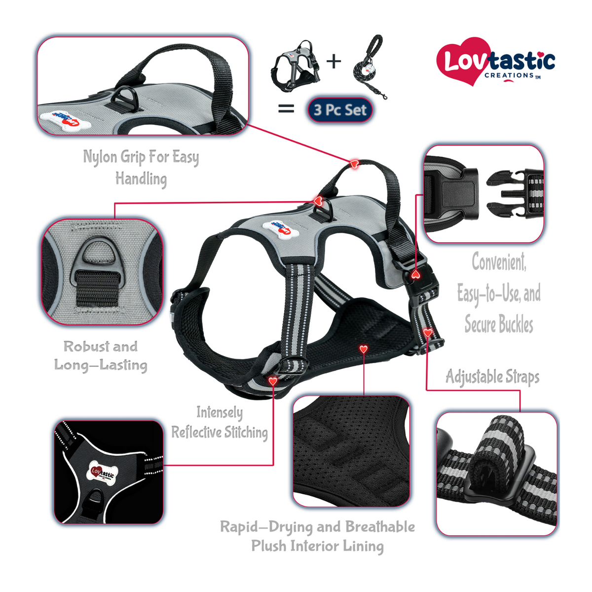 Lovtastic Creations® No-Pull Dog Harness - with Strong & Durable Dog Leash & Free Poopbag Holder 3pcs Set | Reflective No-Choke Pet Harness