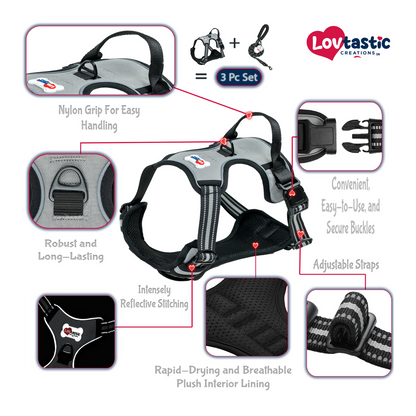 Lovtastic Creations® No-Pull Dog Harness - with Strong & Durable Dog Leash & Free Poopbag Holder 3pcs Set | Reflective No-Choke Pet Harness