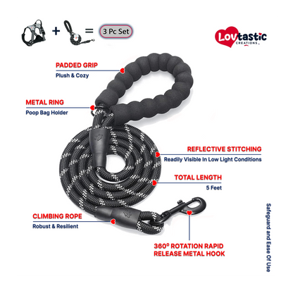 Lovtastic Creations® No-Pull Dog Harness - with Strong & Durable Dog Leash & Free Poopbag Holder 3pcs Set | Reflective No-Choke Pet Harness