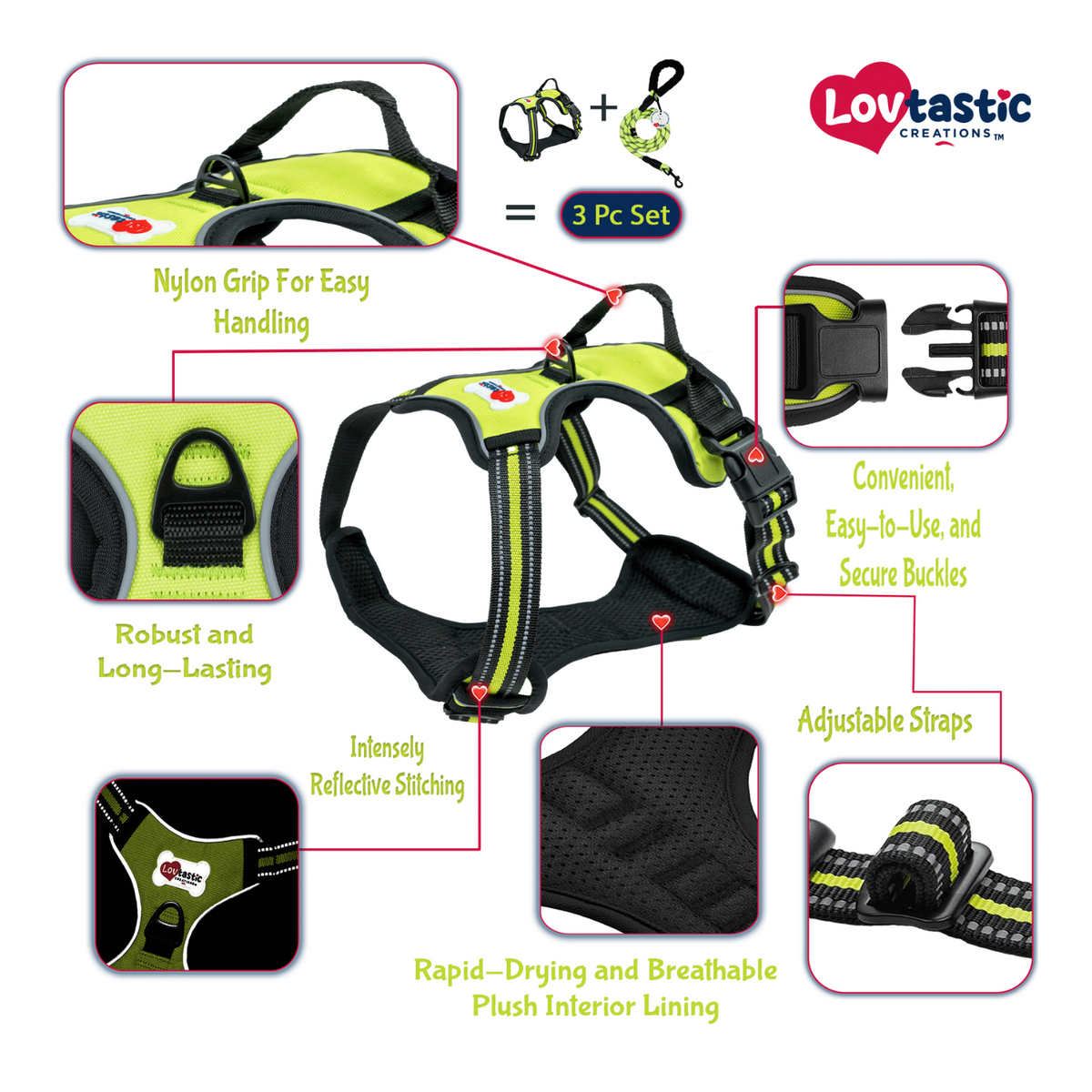 Lovtastic Creations® No-Pull Dog Harness - with Strong & Durable Dog Leash & Free Poopbag Holder 3pcs Set | Reflective No-Choke Pet Harness