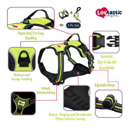 Lovtastic Creations® No-Pull Dog Harness - with Strong & Durable Dog Leash & Free Poopbag Holder 3pcs Set | Reflective No-Choke Pet Harness