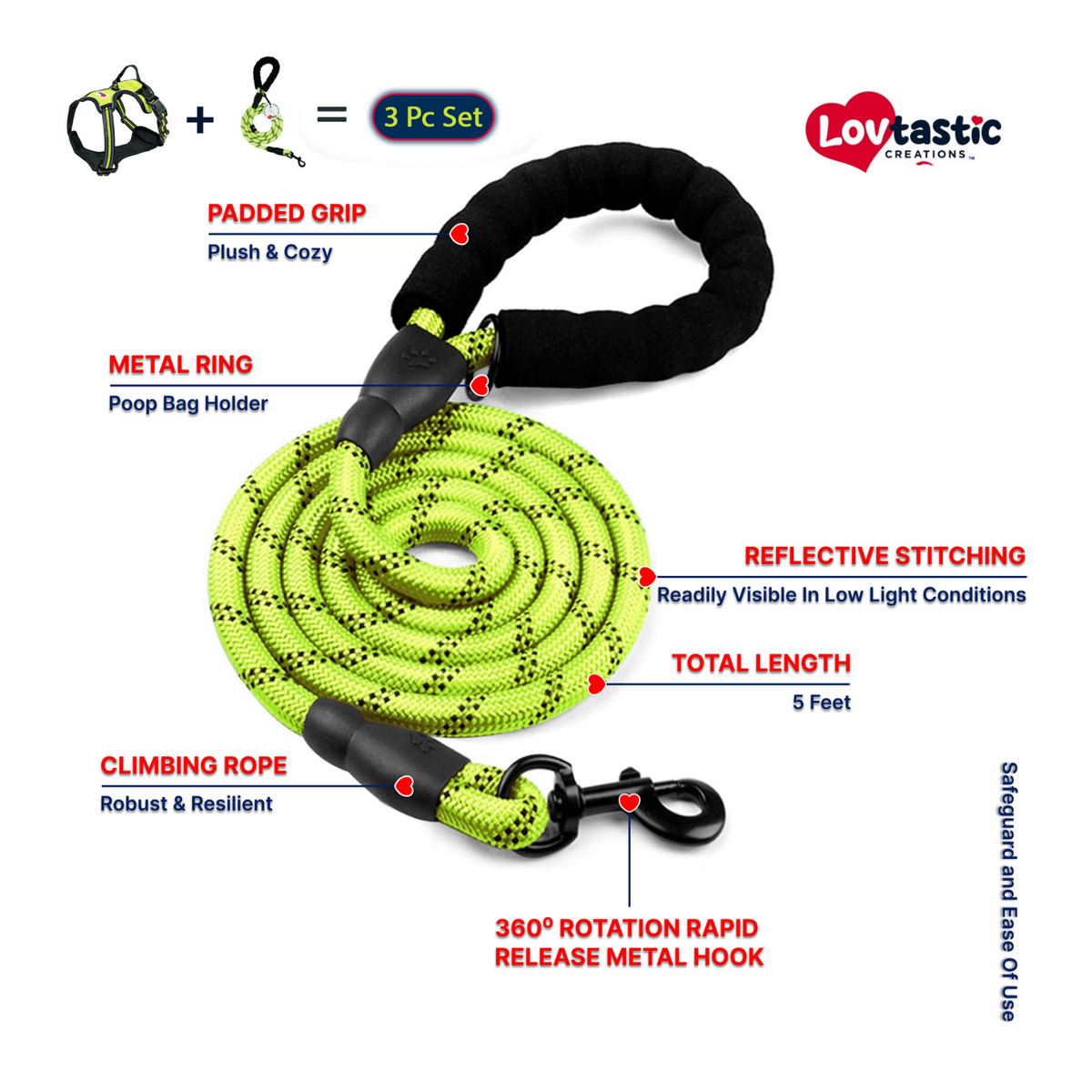 Lovtastic Creations® No-Pull Dog Harness - with Strong & Durable Dog Leash & Free Poopbag Holder 3pcs Set | Reflective No-Choke Pet Harness