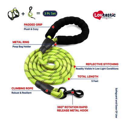 Lovtastic Creations® No-Pull Dog Harness - with Strong & Durable Dog Leash & Free Poopbag Holder 3pcs Set | Reflective No-Choke Pet Harness