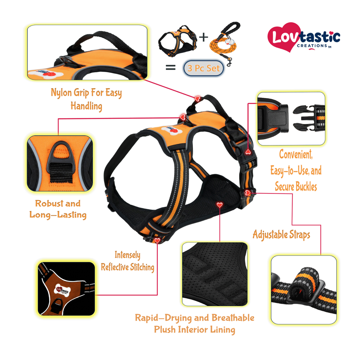 Lovtastic Creations® No-Pull Dog Harness - with Strong & Durable Dog Leash & Free Poopbag Holder 3pcs Set | Reflective No-Choke Pet Harness