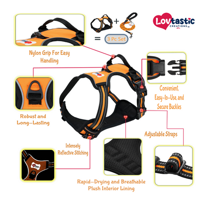 Lovtastic Creations® No-Pull Dog Harness - with Strong & Durable Dog Leash & Free Poopbag Holder 3pcs Set | Reflective No-Choke Pet Harness