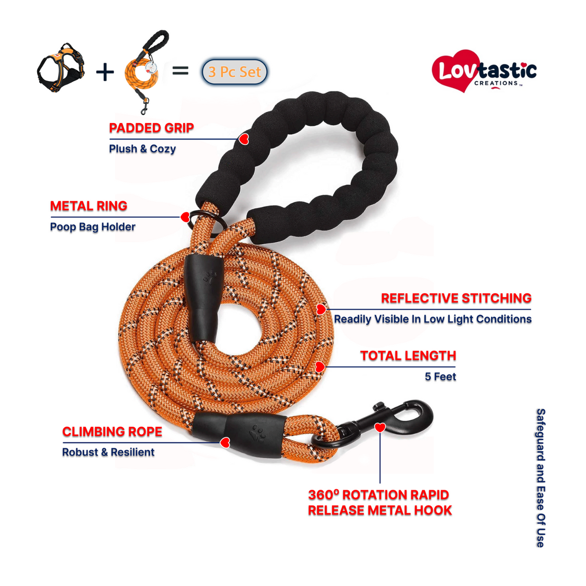 Lovtastic Creations® No-Pull Dog Harness - with Strong & Durable Dog Leash & Free Poopbag Holder 3pcs Set | Reflective No-Choke Pet Harness