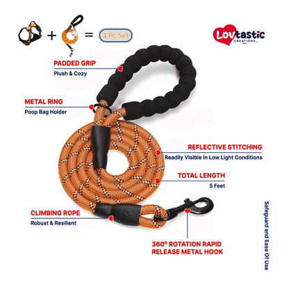 Lovtastic Creations® No-Pull Dog Harness - with Strong & Durable Dog Leash & Free Poopbag Holder 3pcs Set | Reflective No-Choke Pet Harness