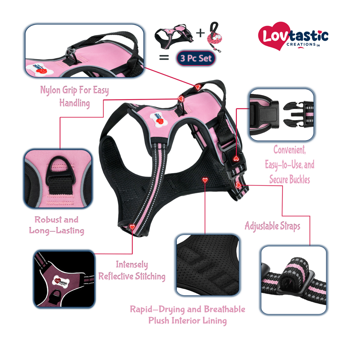 Lovtastic Creations® No-Pull Dog Harness - with Strong & Durable Dog Leash & Free Poopbag Holder 3pcs Set | Reflective No-Choke Pet Harness