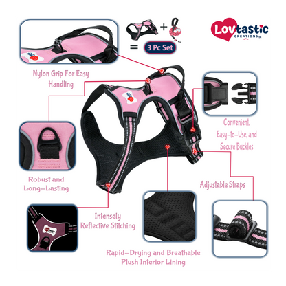 Lovtastic Creations® No-Pull Dog Harness - with Strong & Durable Dog Leash & Free Poopbag Holder 3pcs Set | Reflective No-Choke Pet Harness