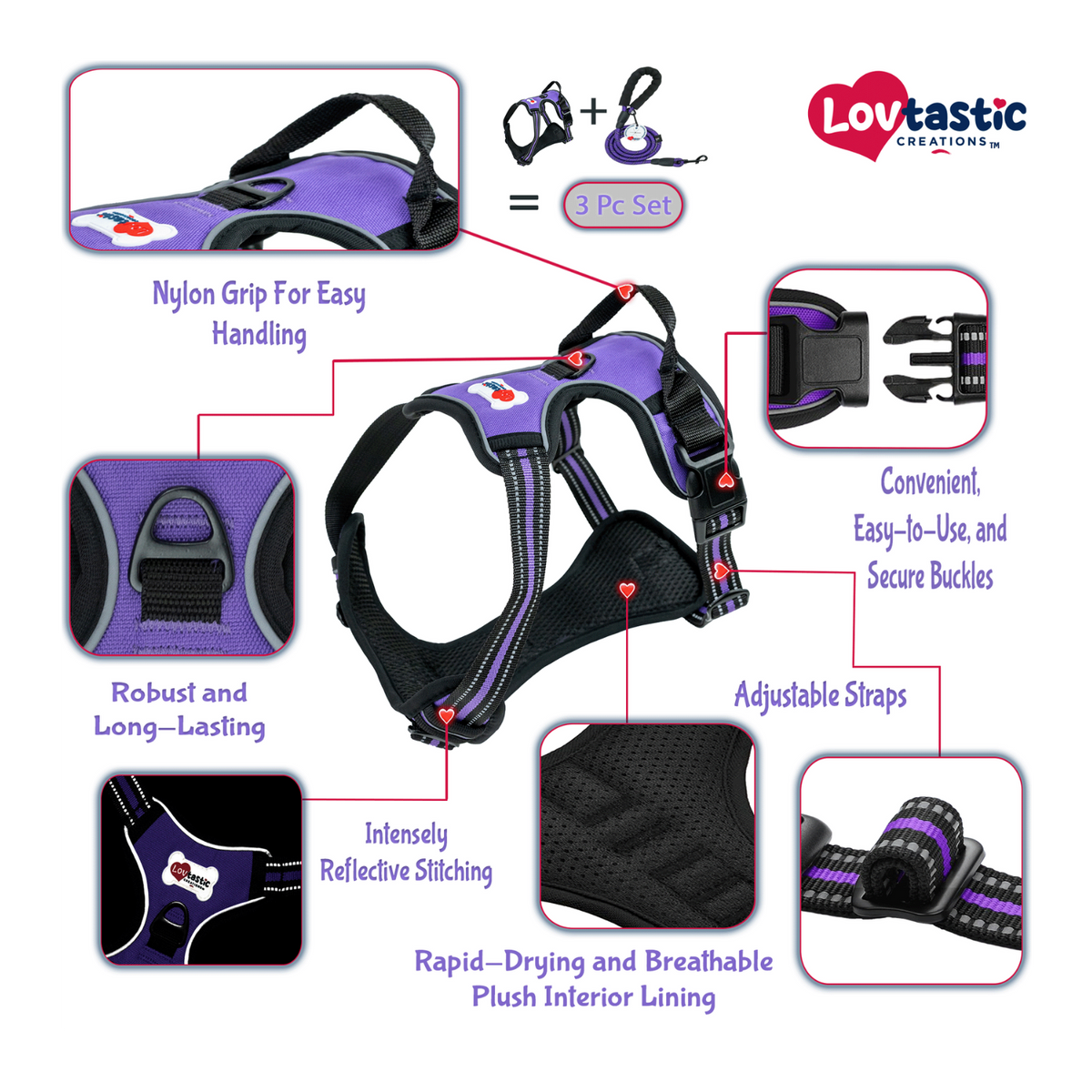 Lovtastic Creations® No-Pull Dog Harness - with Strong & Durable Dog Leash & Free Poopbag Holder 3pcs Set | Reflective No-Choke Pet Harness