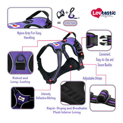 Lovtastic Creations® No-Pull Dog Harness - with Strong & Durable Dog Leash & Free Poopbag Holder 3pcs Set | Reflective No-Choke Pet Harness