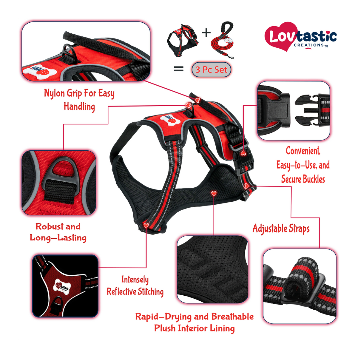 Lovtastic Creations® No-Pull Dog Harness - with Strong & Durable Dog Leash & Free Poopbag Holder 3pcs Set | Reflective No-Choke Pet Harness
