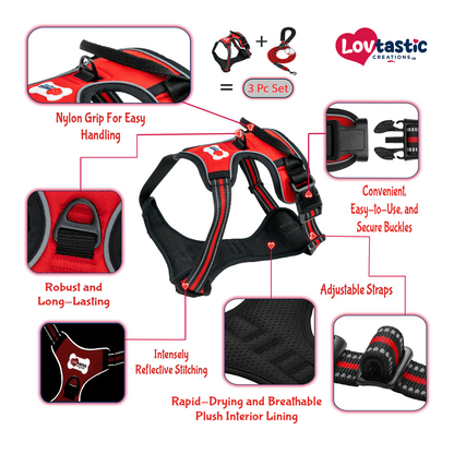 Lovtastic Creations® No-Pull Dog Harness - with Strong & Durable Dog Leash & Free Poopbag Holder 3pcs Set | Reflective No-Choke Pet Harness