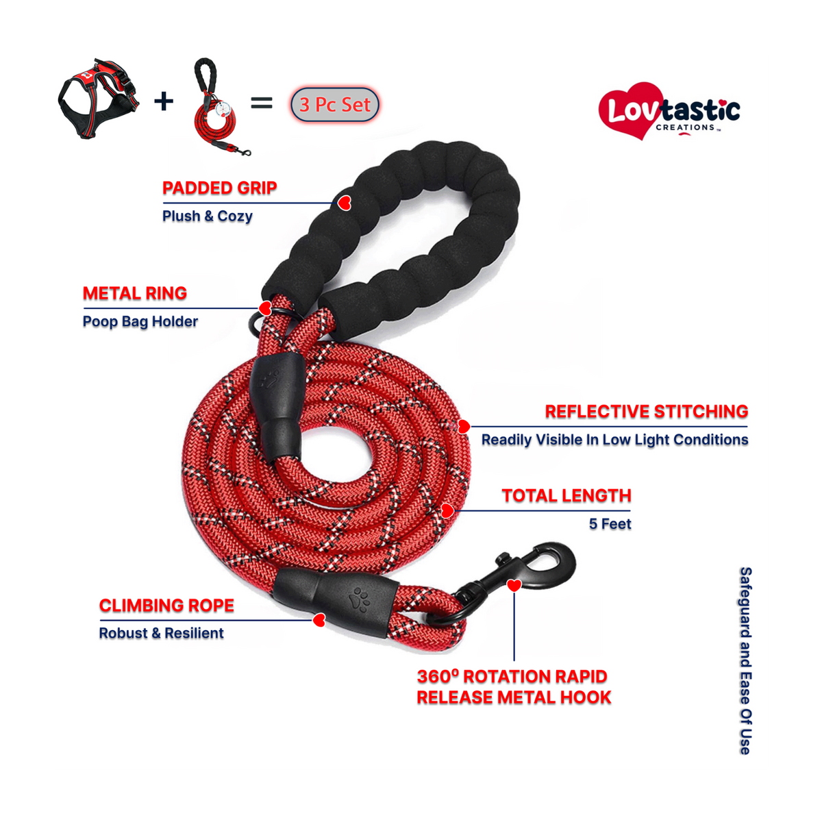 Lovtastic Creations® No-Pull Dog Harness - with Strong & Durable Dog Leash & Free Poopbag Holder 3pcs Set | Reflective No-Choke Pet Harness