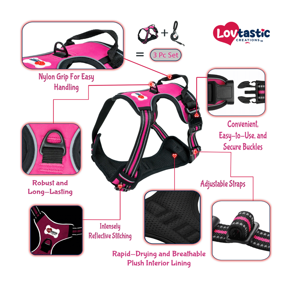 Lovtastic Creations® No-Pull Dog Harness - with Strong & Durable Dog Leash & Free Poopbag Holder 3pcs Set | Reflective No-Choke Pet Harness