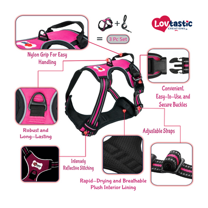 Lovtastic Creations® No-Pull Dog Harness - with Strong & Durable Dog Leash & Free Poopbag Holder 3pcs Set | Reflective No-Choke Pet Harness