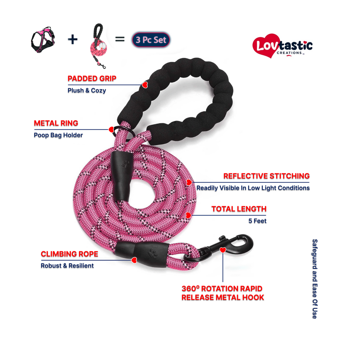 Lovtastic Creations® No-Pull Dog Harness - with Strong & Durable Dog Leash & Free Poopbag Holder 3pcs Set | Reflective No-Choke Pet Harness