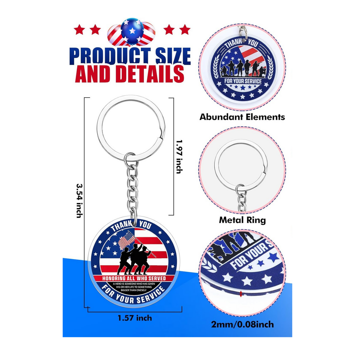 Patriotic Keychain | Thank You for Your Service Military USA Keyring (Assorted Design)